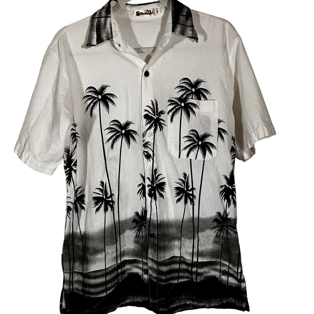 Shoreline Button Up Shirt Mens Large White Black Palm Tree Tropical Cotton